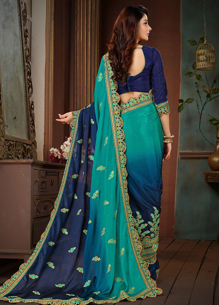 Blue Chiffon Silk Embroidered Saree With Blouse Piece - Indian Silk House Agencies