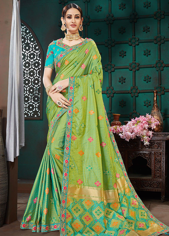 Green Spun Silk Embellished Saree With Blouse Piece - Indian Silk House Agencies