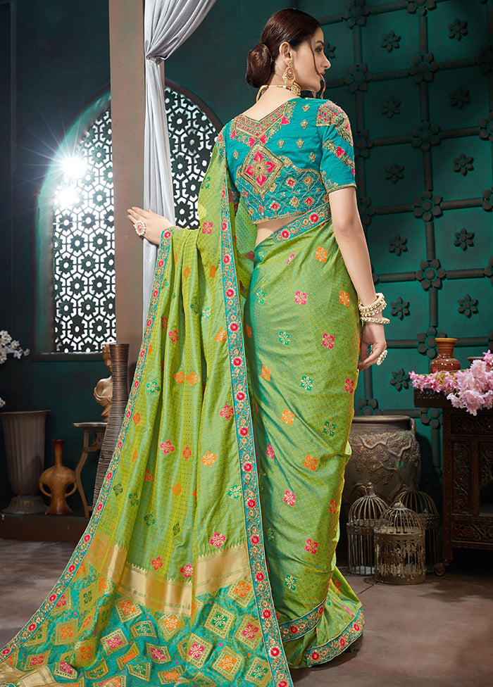 Green Spun Silk Embellished Saree With Blouse Piece - Indian Silk House Agencies