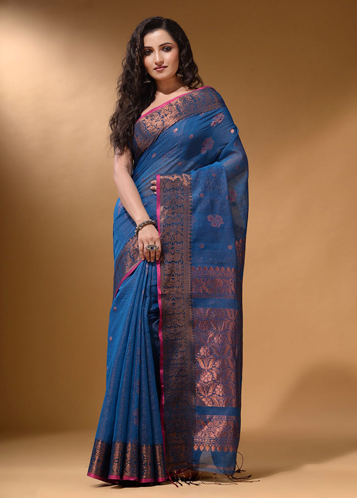 Blue Pure Cotton Saree With Blouse Piece - Indian Silk House Agencies