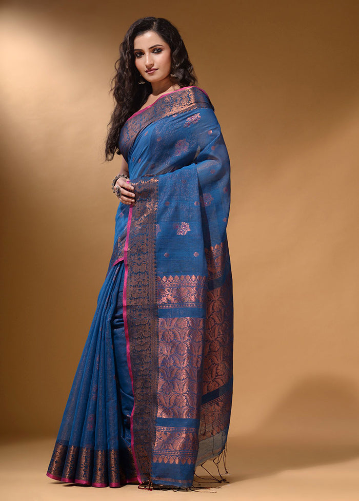 Blue Pure Cotton Saree With Blouse Piece - Indian Silk House Agencies