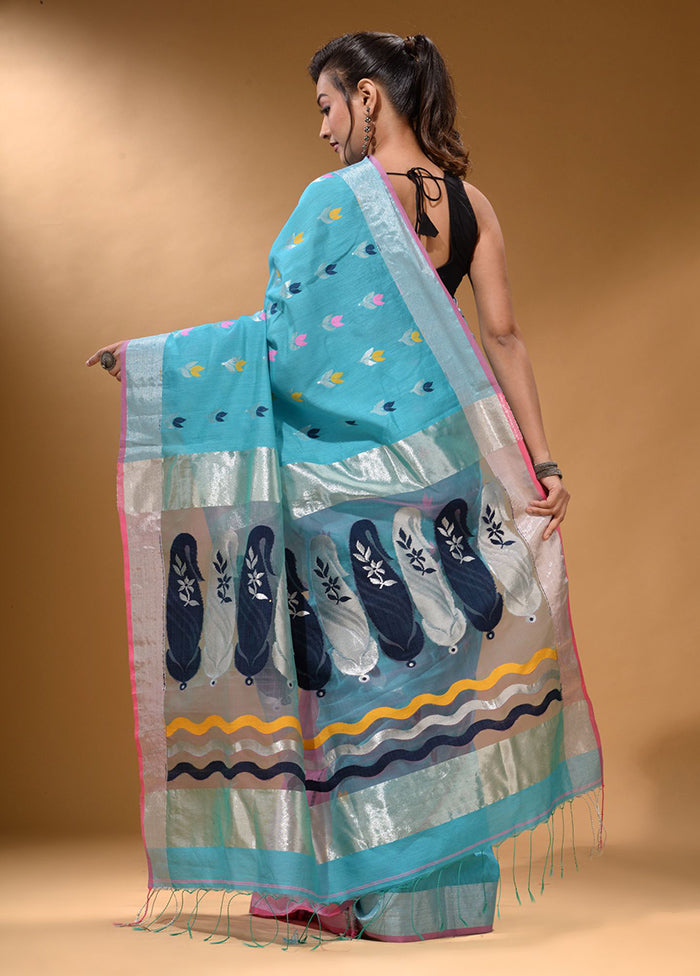 Sky Blue Pure Cotton Saree With Blouse Piece - Indian Silk House Agencies