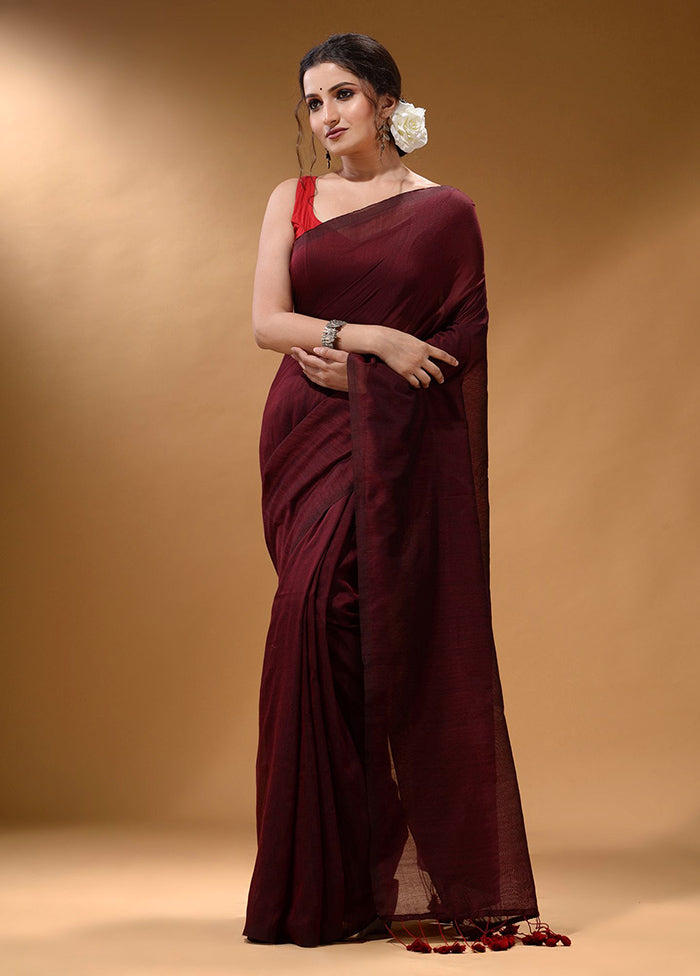 Maroon Pure Cotton Saree With Blouse Piece - Indian Silk House Agencies