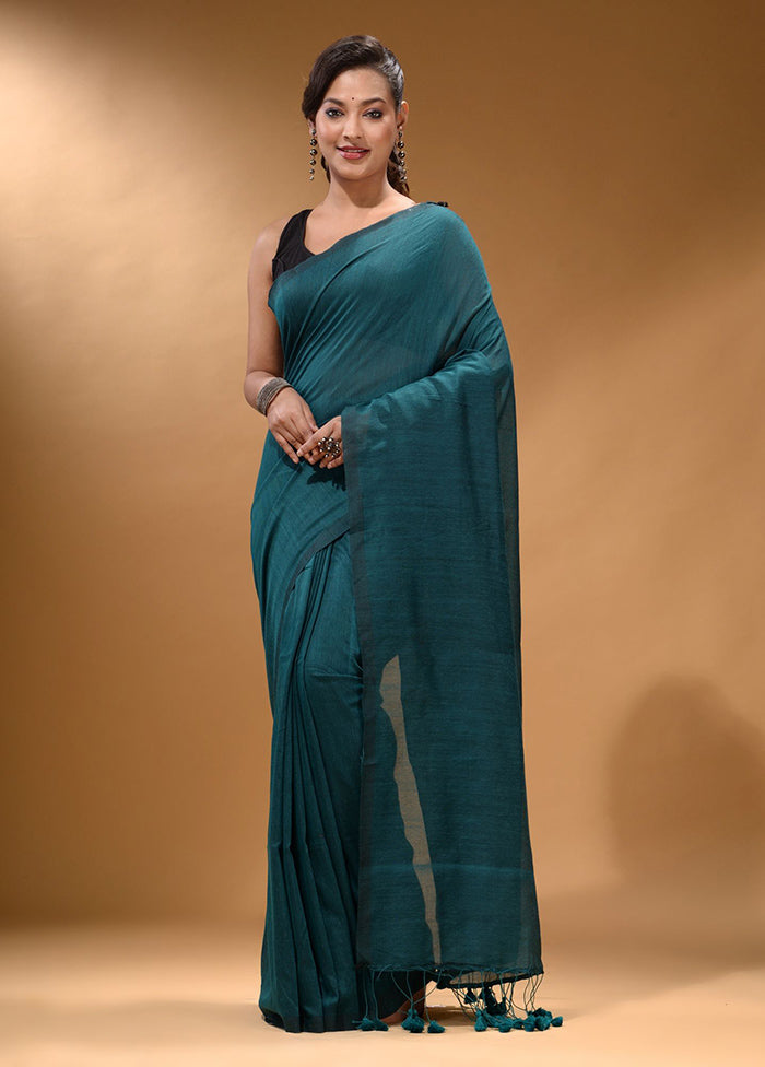 Teal Pure Cotton Saree With Blouse Piece - Indian Silk House Agencies