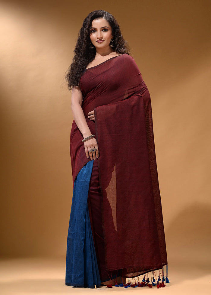 Maroon Pure Cotton Saree With Blouse Piece - Indian Silk House Agencies