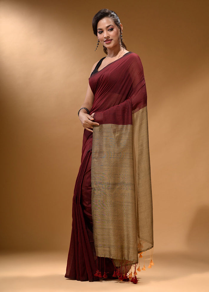 Maroon Pure Cotton Saree With Blouse Piece - Indian Silk House Agencies