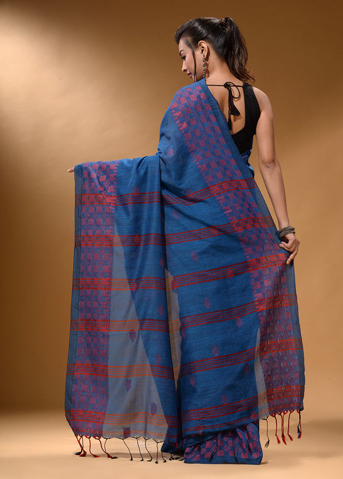 Blue Pure Cotton Saree With Blouse Piece - Indian Silk House Agencies