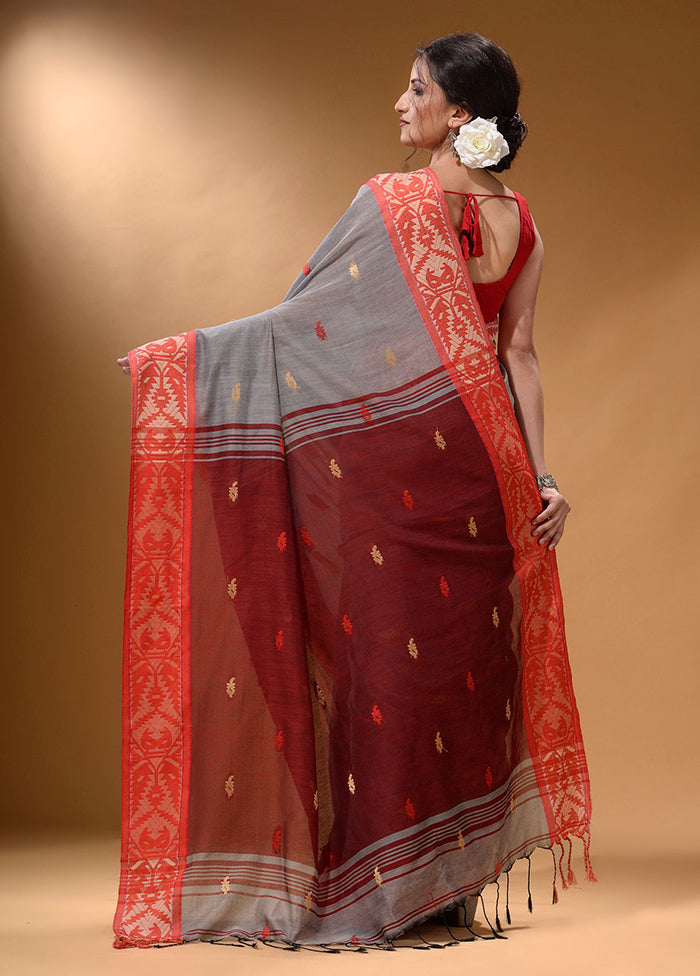 Grey Pure Cotton Saree With Blouse Piece - Indian Silk House Agencies