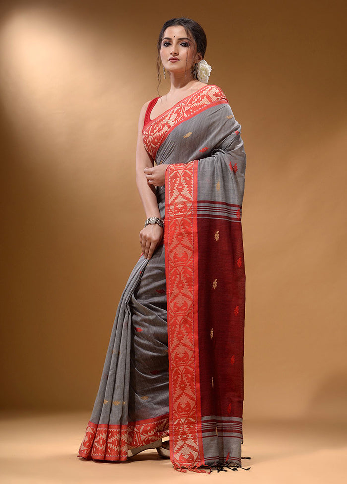 Grey Pure Cotton Saree With Blouse Piece - Indian Silk House Agencies