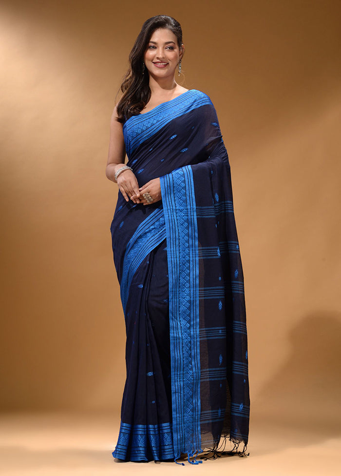 Navy Blue Pure Cotton Saree With Blouse Piece - Indian Silk House Agencies