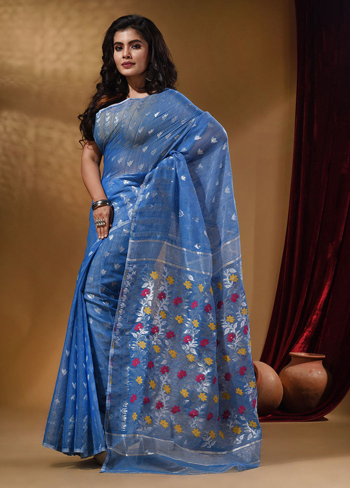 Sky Blue Tant Jamdani Saree With Blouse Piece - Indian Silk House Agencies