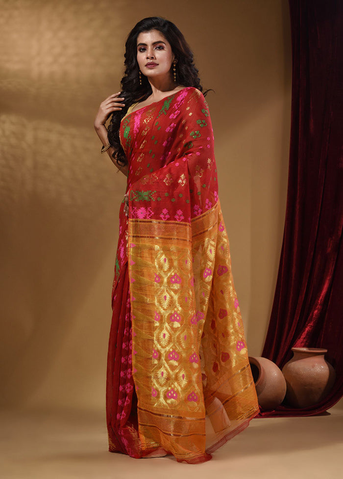 Red Tant Jamdani Saree With Blouse Piece - Indian Silk House Agencies