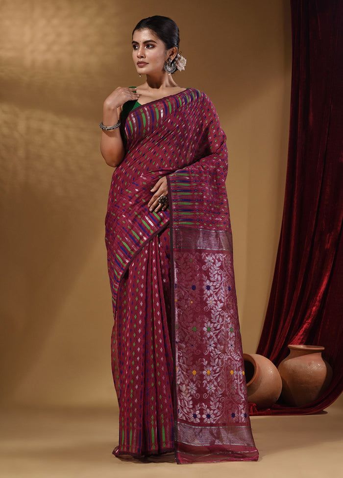 Fuchsia Tant Jamdani Saree With Blouse Piece - Indian Silk House Agencies