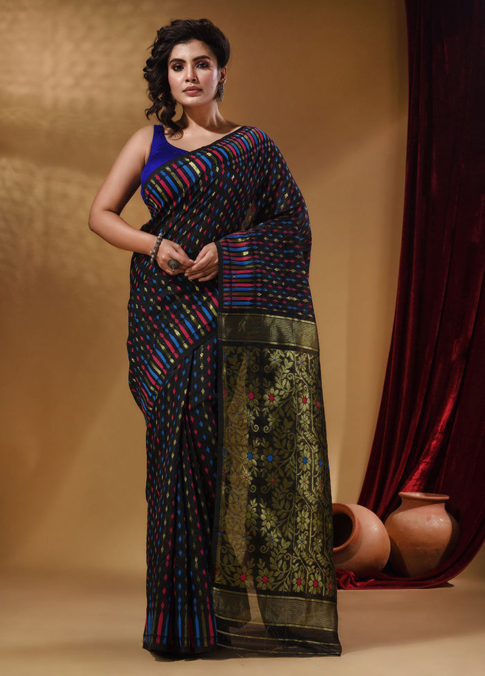 Black Tant Jamdani Saree With Blouse Piece - Indian Silk House Agencies