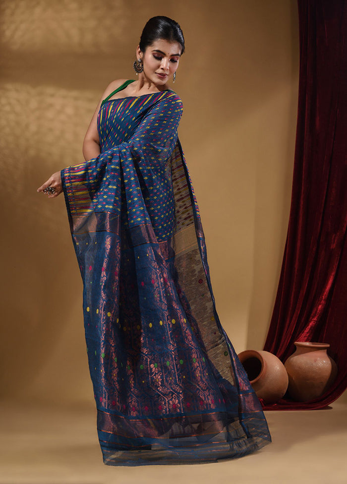Blue Tant Jamdani Saree With Blouse Piece - Indian Silk House Agencies