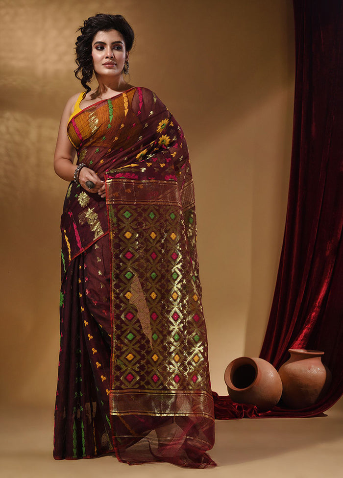 Maroon Tant Jamdani Saree With Blouse Piece - Indian Silk House Agencies