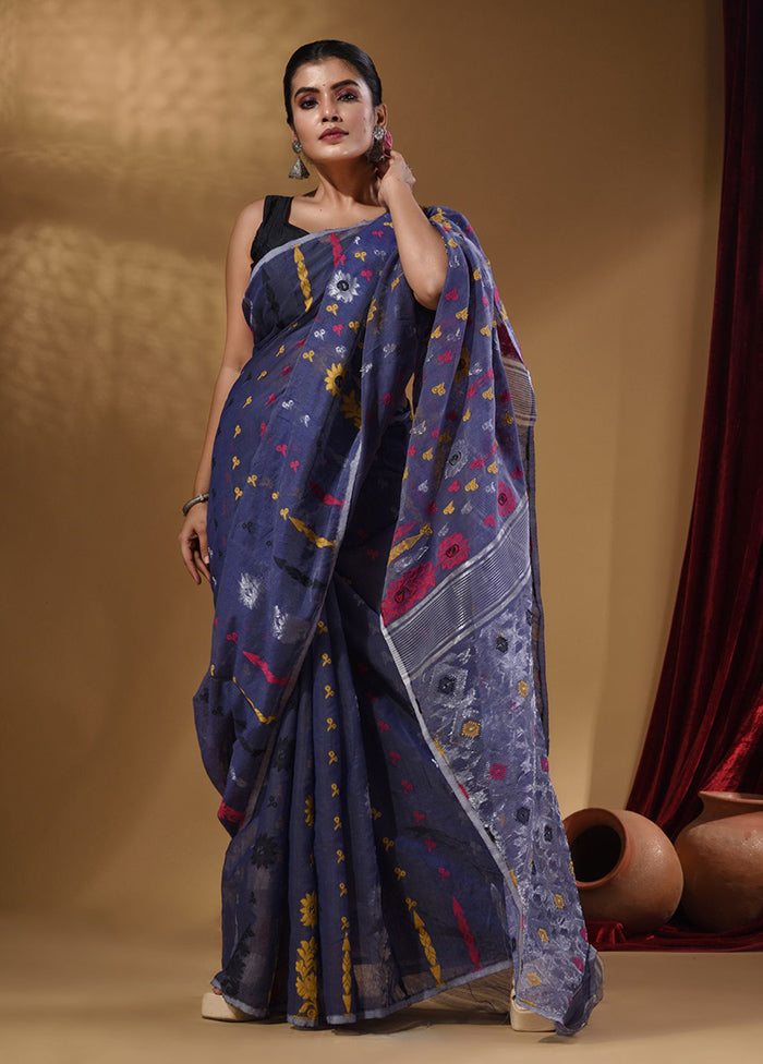 Blue Tant Jamdani Saree With Blouse Piece - Indian Silk House Agencies