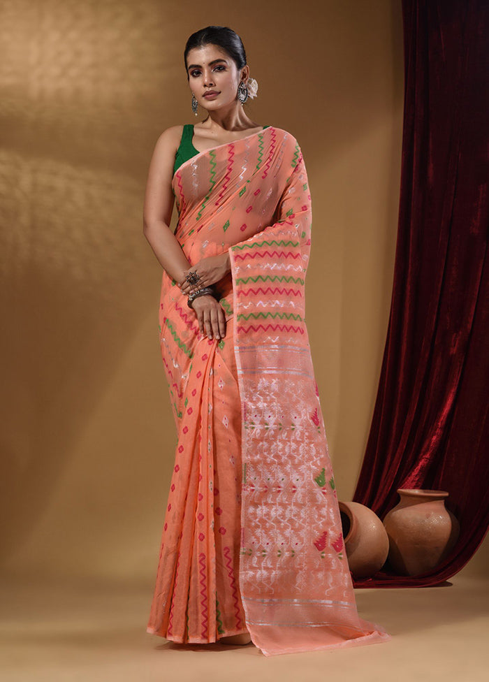 Peach Tant Jamdani Saree With Blouse Piece - Indian Silk House Agencies