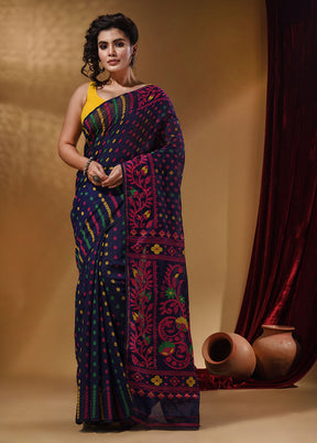 Navy Blue Tant Jamdani Saree With Blouse Piece - Indian Silk House Agencies