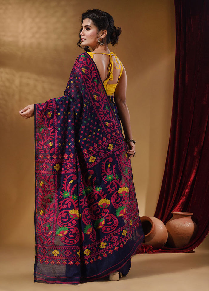 Navy Blue Tant Jamdani Saree With Blouse Piece - Indian Silk House Agencies