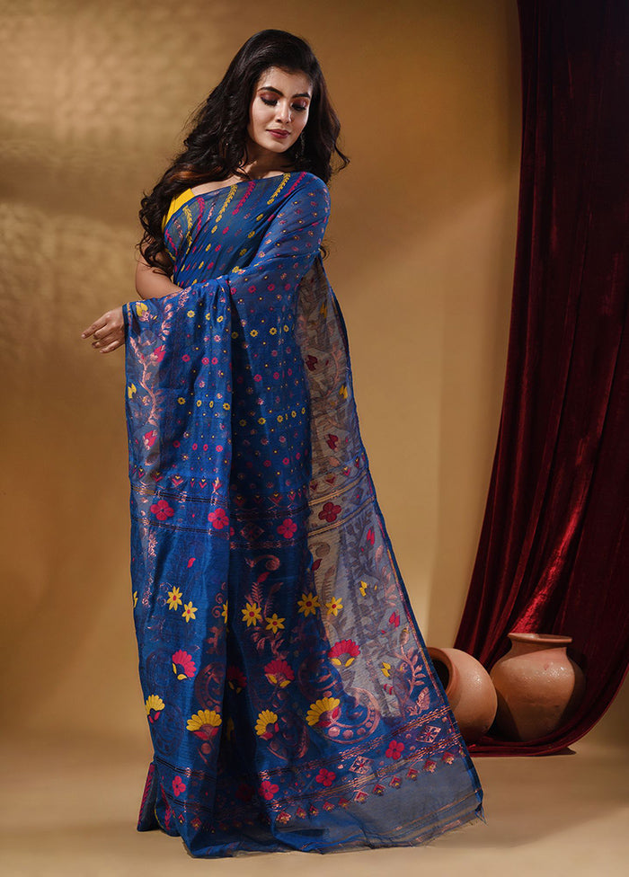 Blue Tant Jamdani Saree With Blouse Piece - Indian Silk House Agencies