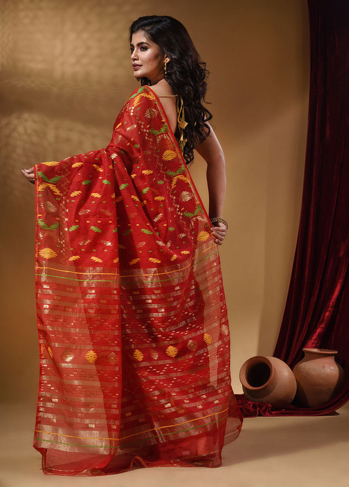 Red Tant Jamdani Saree With Blouse Piece - Indian Silk House Agencies