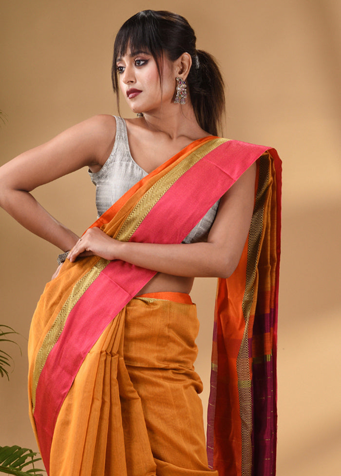 Mustard Cotton Saree With Blouse Piece - Indian Silk House Agencies