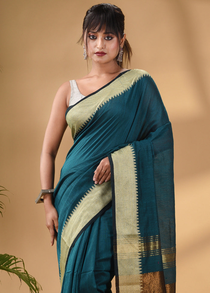 Teal Pure Cotton Saree With Blouse Piece - Indian Silk House Agencies