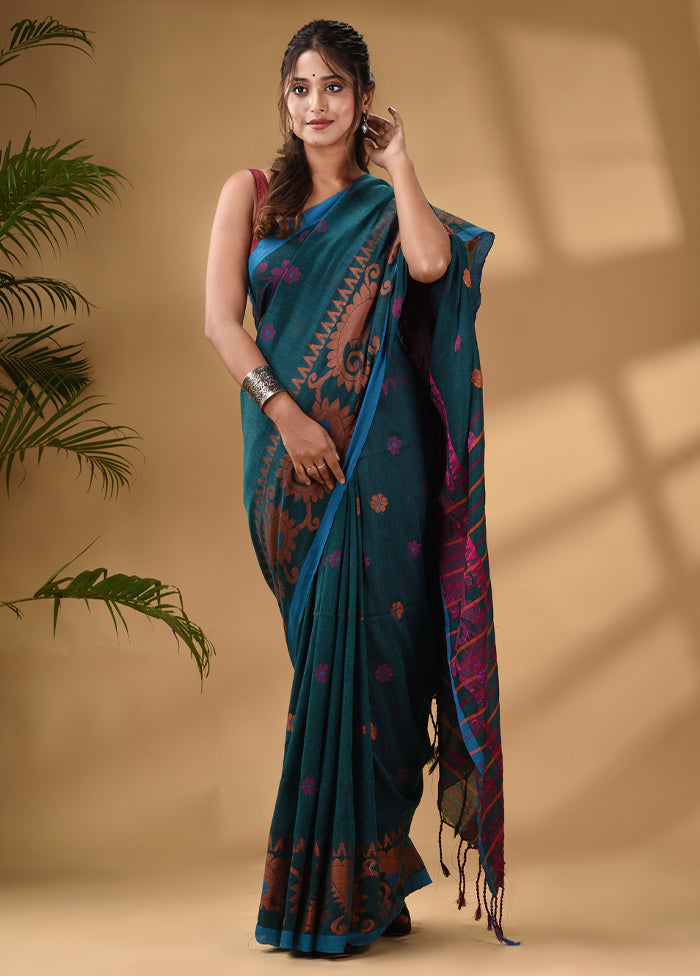 Teal Pure Cotton Saree With Blouse Piece - Indian Silk House Agencies