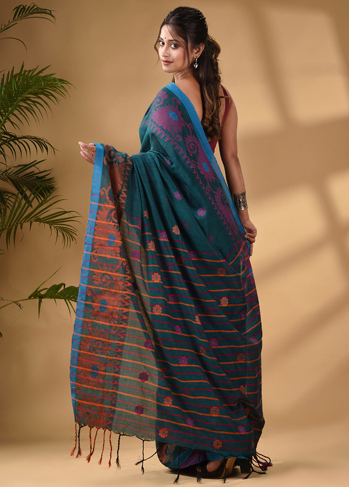 Teal Pure Cotton Saree With Blouse Piece - Indian Silk House Agencies