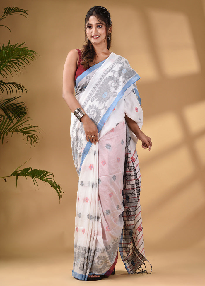 White Pure Cotton Saree With Blouse Piece - Indian Silk House Agencies
