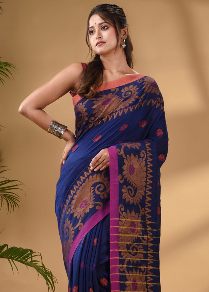 Blue Pure Cotton Saree With Blouse Piece - Indian Silk House Agencies