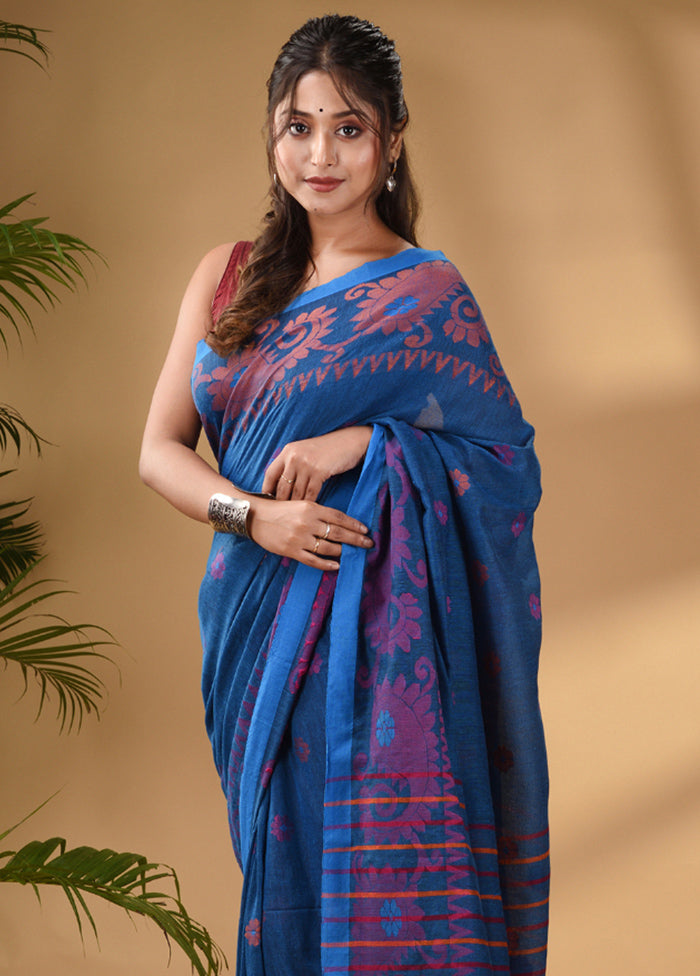 Blue Pure Cotton Saree With Blouse Piece - Indian Silk House Agencies