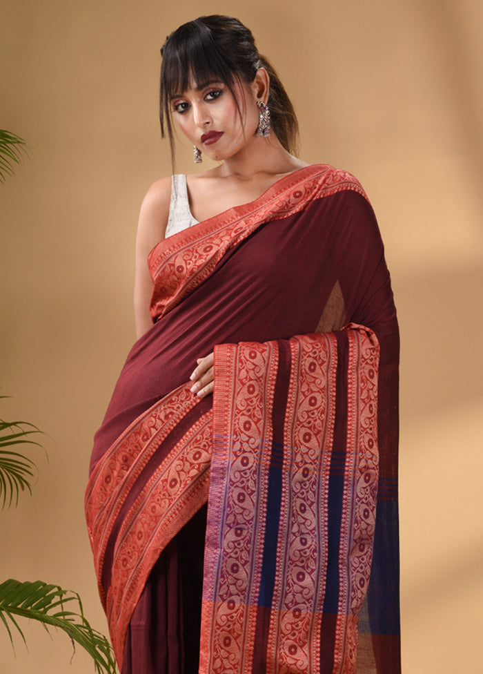 Maroon Pure Cotton Saree With Blouse Piece - Indian Silk House Agencies