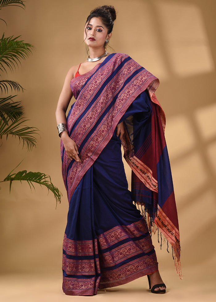 Blue Pure Cotton Saree With Blouse Piece - Indian Silk House Agencies