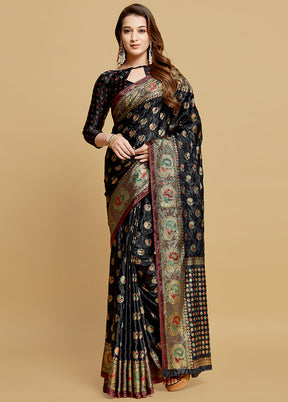 Black Spun Silk Saree With Blouse Piece - Indian Silk House Agencies