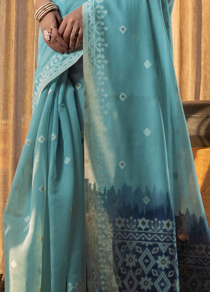 Blue Pure Cotton Saree With Blouse Piece - Indian Silk House Agencies