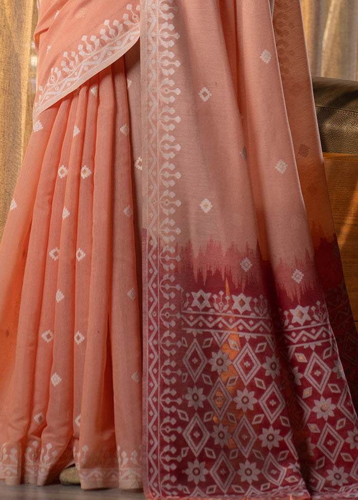 Peach Pure Cotton Saree With Blouse Piece - Indian Silk House Agencies