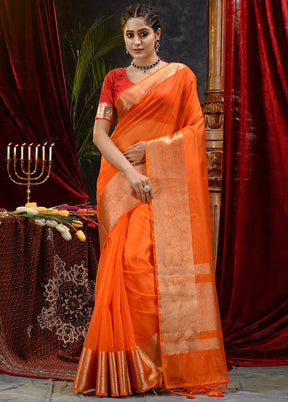 Orange Organza Saree With Blouse Piece - Indian Silk House Agencies