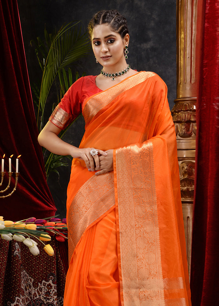 Orange Organza Saree With Blouse Piece - Indian Silk House Agencies