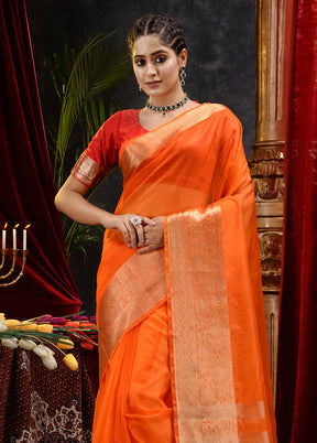 Orange Organza Saree With Blouse Piece - Indian Silk House Agencies