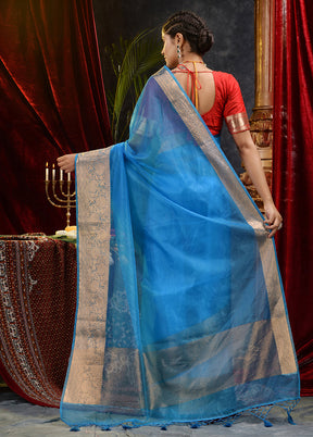 Blue Organza Saree With Blouse Piece - Indian Silk House Agencies