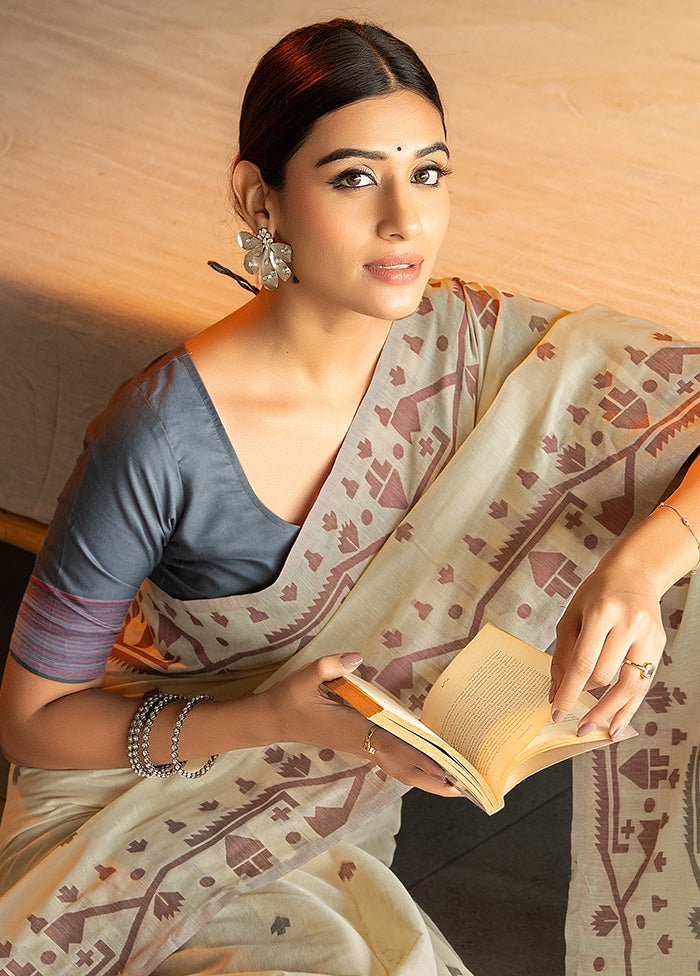 Grey Pure Cotton Saree With Blouse Piece - Indian Silk House Agencies