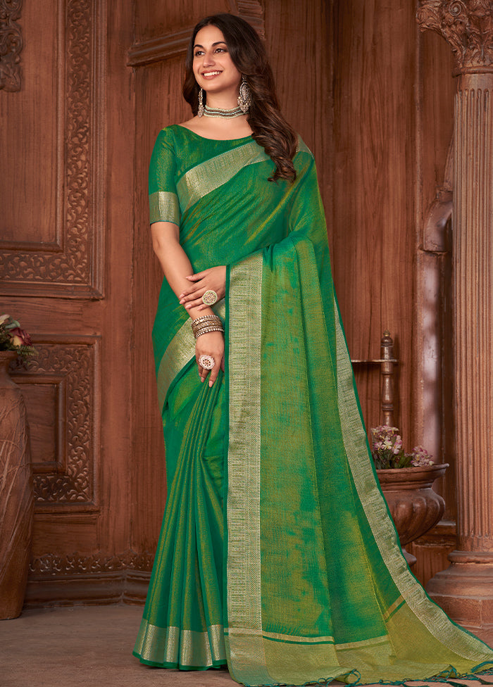 Green Cotton Saree With Blouse Piece - Indian Silk House Agencies