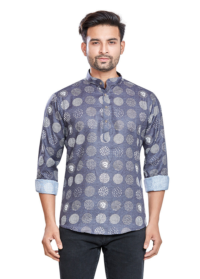 Dark Blue Printed Cotton Short Kurta VDAC69224 - Indian Silk House Agencies