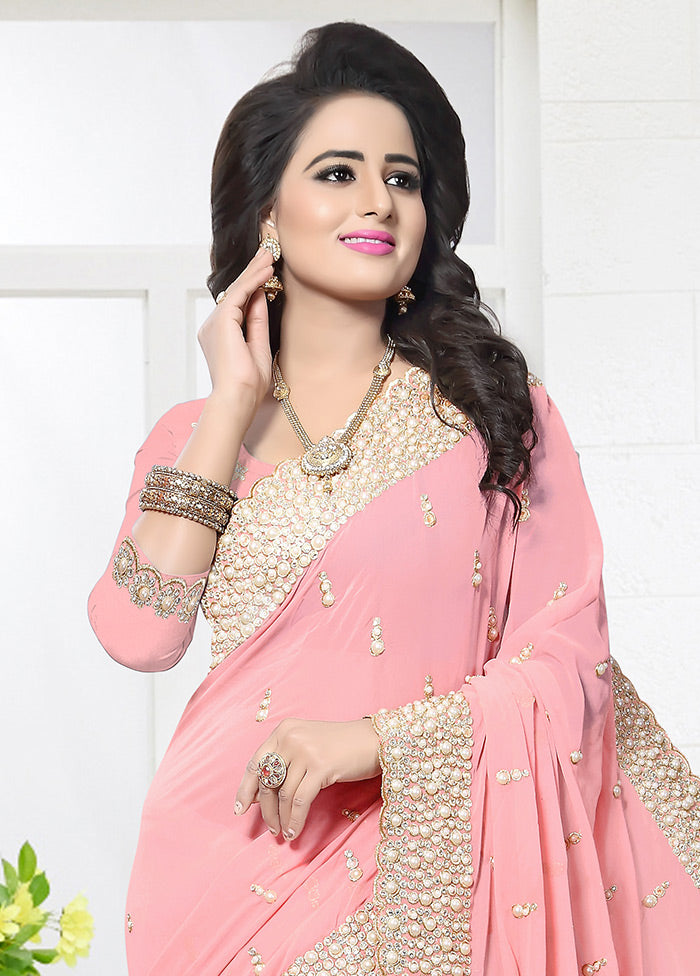 Baby Pink Georgette Saree With Blouse Piece - Indian Silk House Agencies