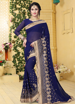 Dark Blue Georgette Saree With Blouse Piece - Indian Silk House Agencies