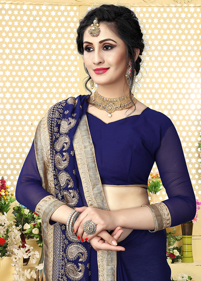 Dark Blue Georgette Saree With Blouse Piece - Indian Silk House Agencies