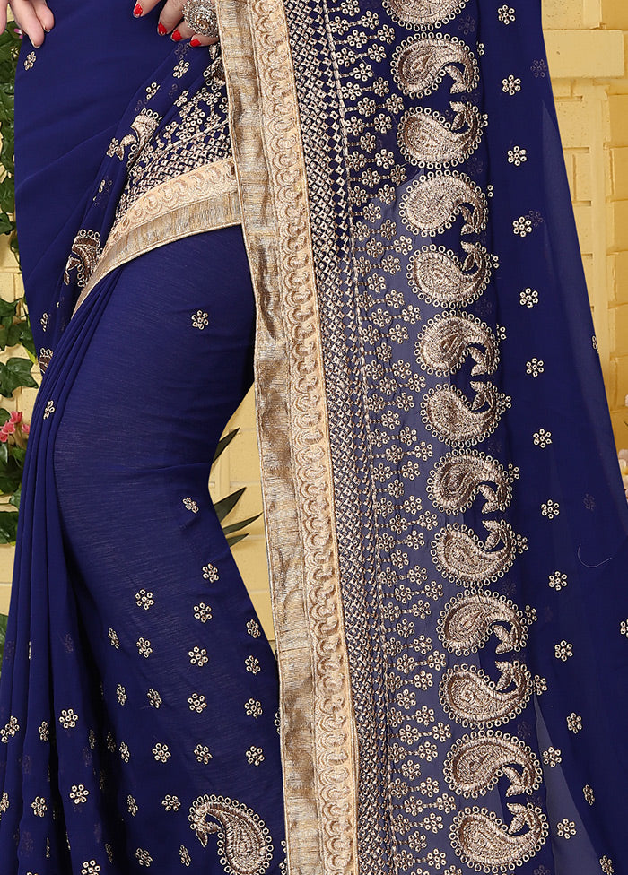 Dark Blue Georgette Saree With Blouse Piece - Indian Silk House Agencies