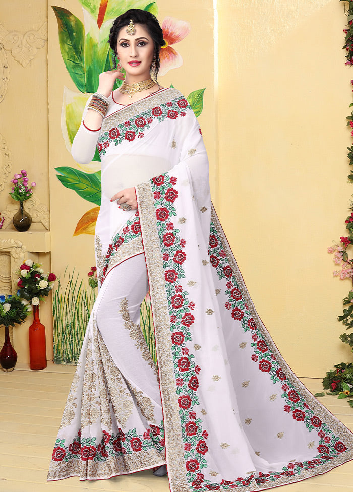 White Georgette Saree With Blouse Piece - Indian Silk House Agencies